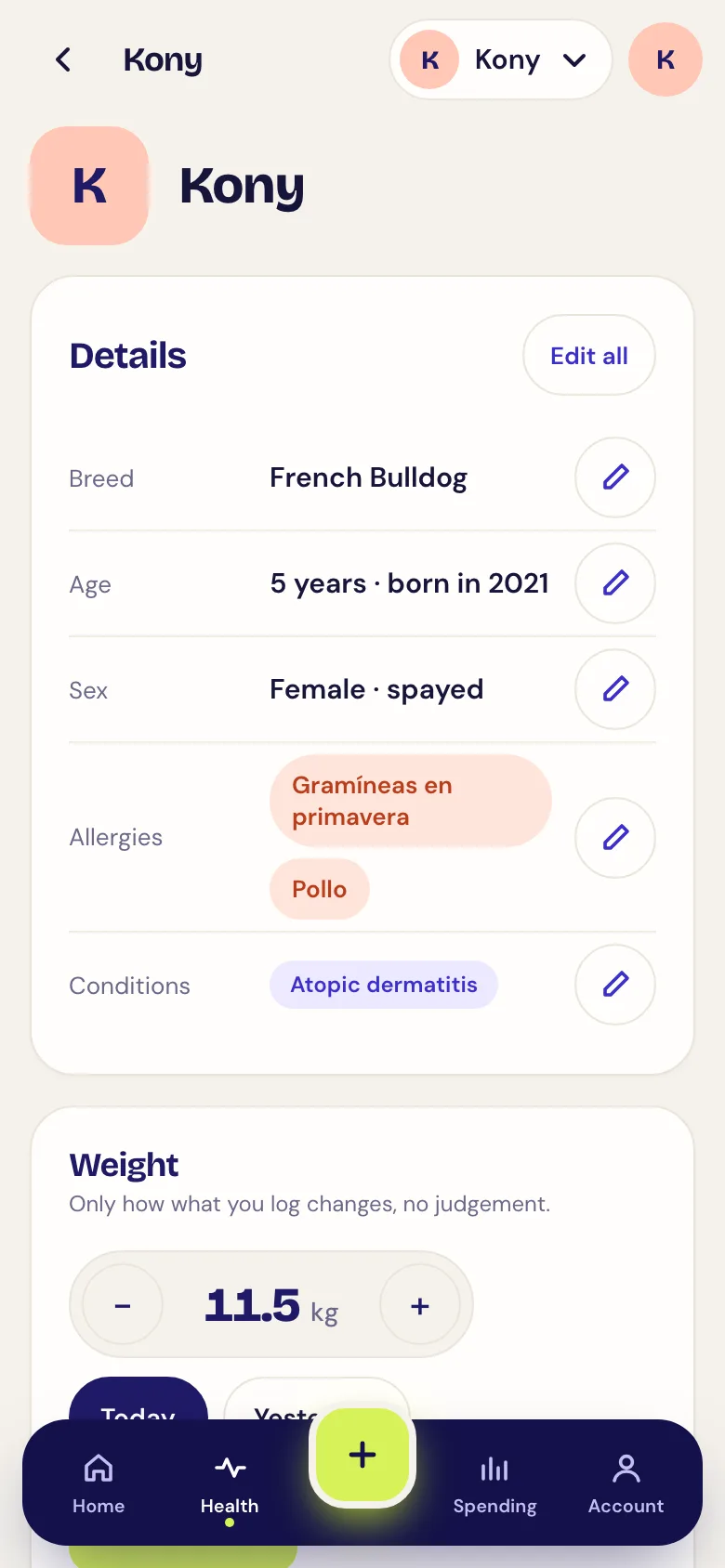 Screenshot of the dog profile: Kony's weight, allergies and details