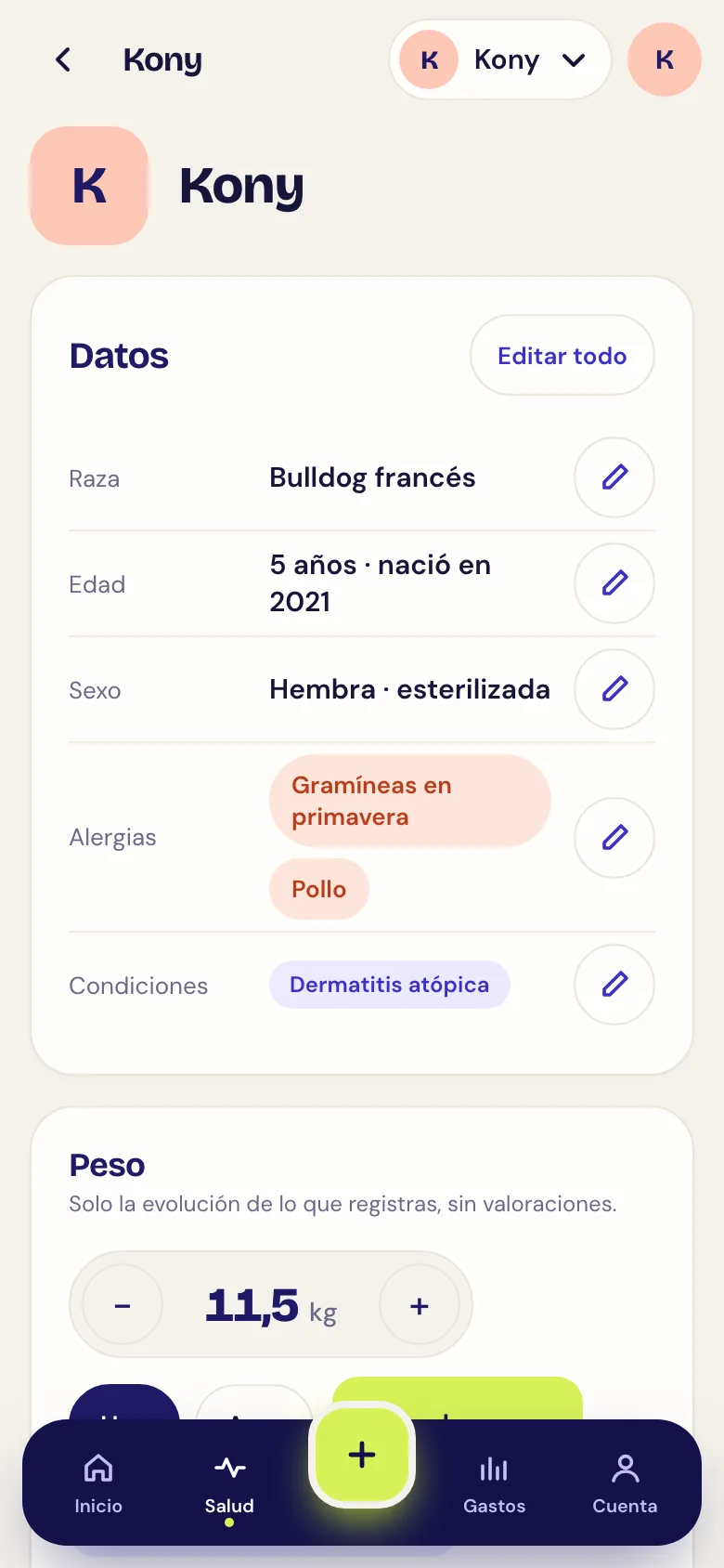 Captura de la ficha del perro: peso, alergias y datos de Kony