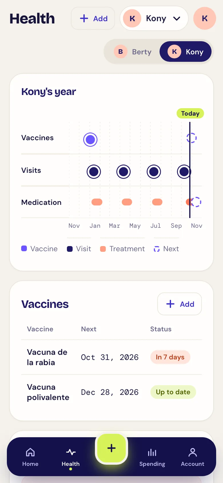 Screenshot of the Health screen: Kony's vaccines, visits and medication