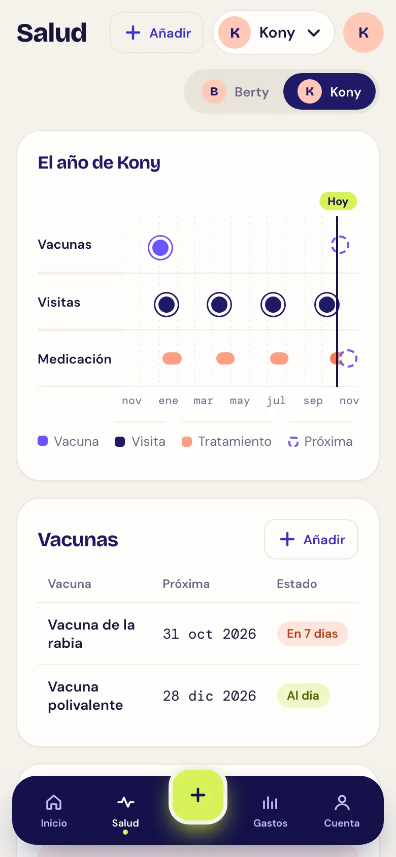 Captura de la pantalla Salud: vacunas, visitas y medicación de Kony